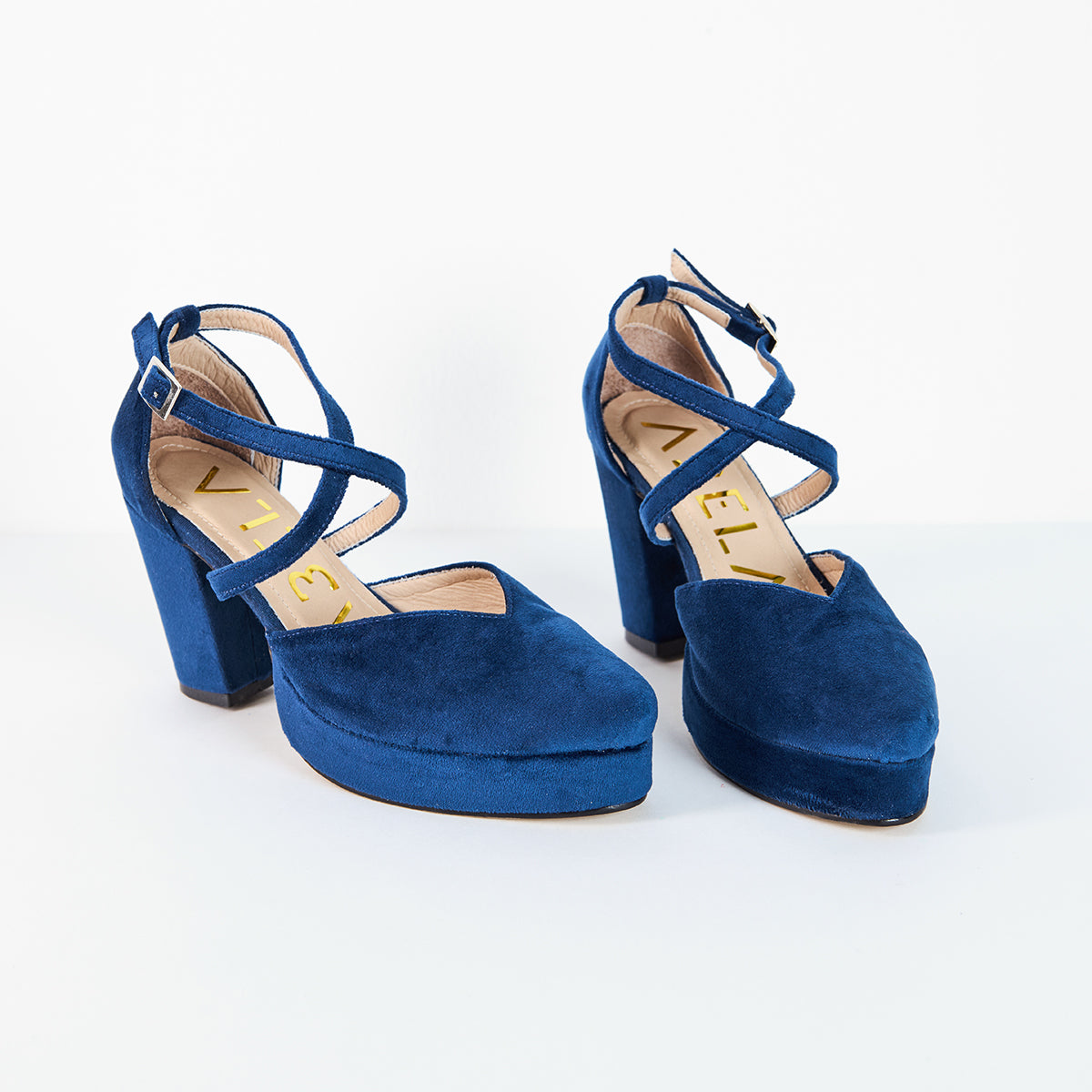 Tacones Dina Cruzado Terciopelo Azul - Talla 36